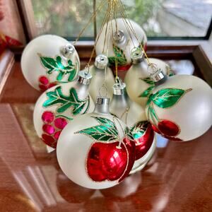 Vintage Blown Glass Ball Ornaments with Glittered Fruit Design - Set of 8